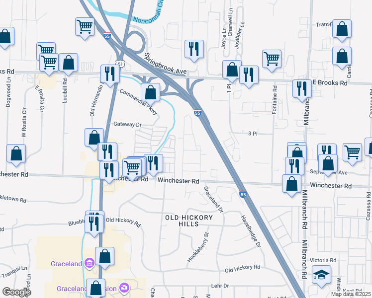 map of restaurants, bars, coffee shops, grocery stores, and more near 3375 West Winchester Place in Memphis