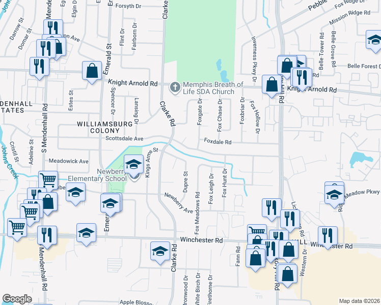 map of restaurants, bars, coffee shops, grocery stores, and more near 5695 Scottsdale Avenue in Memphis