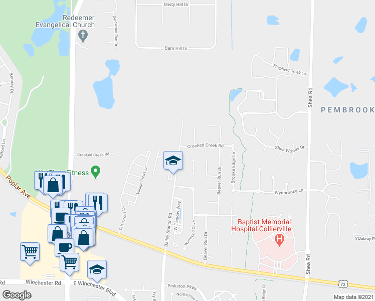 map of restaurants, bars, coffee shops, grocery stores, and more near 10205 Crooked Creek Road in Collierville