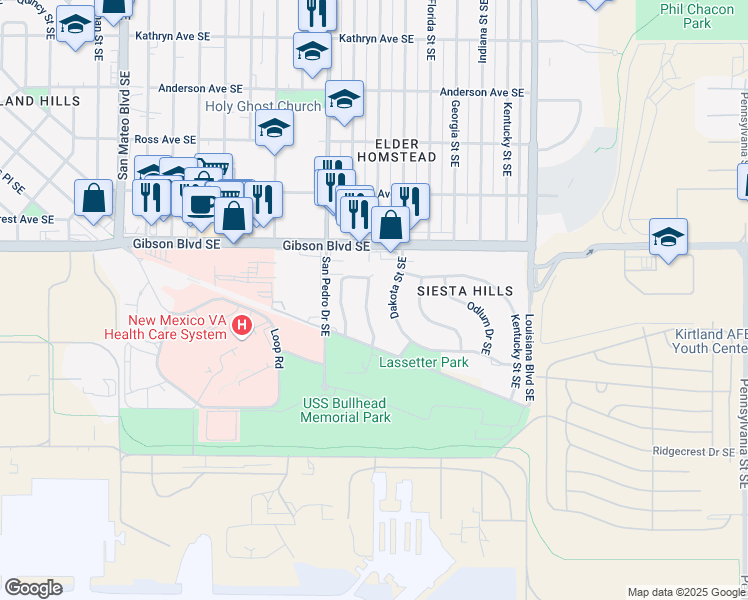 map of restaurants, bars, coffee shops, grocery stores, and more near 1313 Dakota Street Southeast in Albuquerque