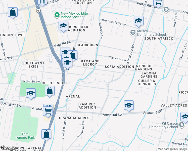map of restaurants, bars, coffee shops, grocery stores, and more near 1506 Foothill Drive Southwest in Albuquerque