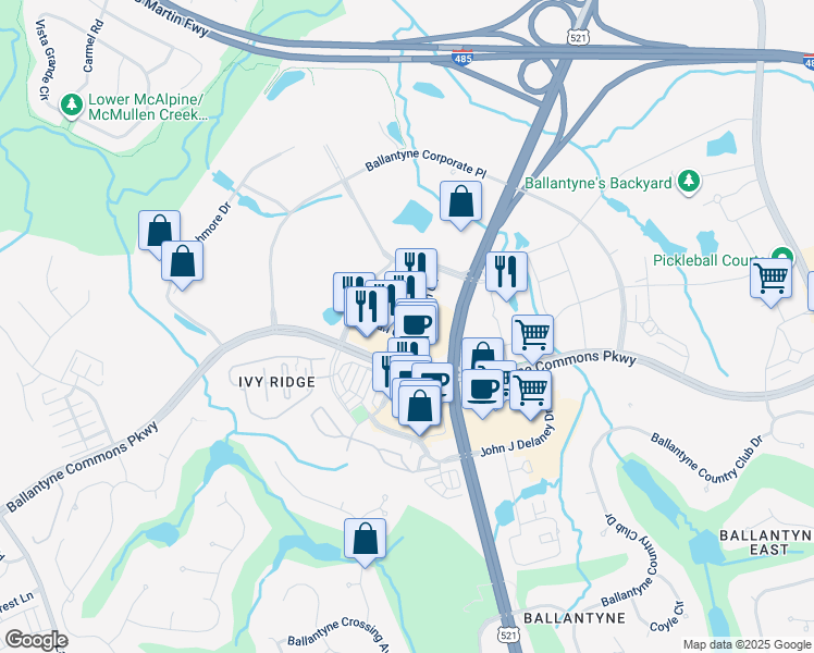 map of restaurants, bars, coffee shops, grocery stores, and more near 13843 Conlan Circle in Charlotte