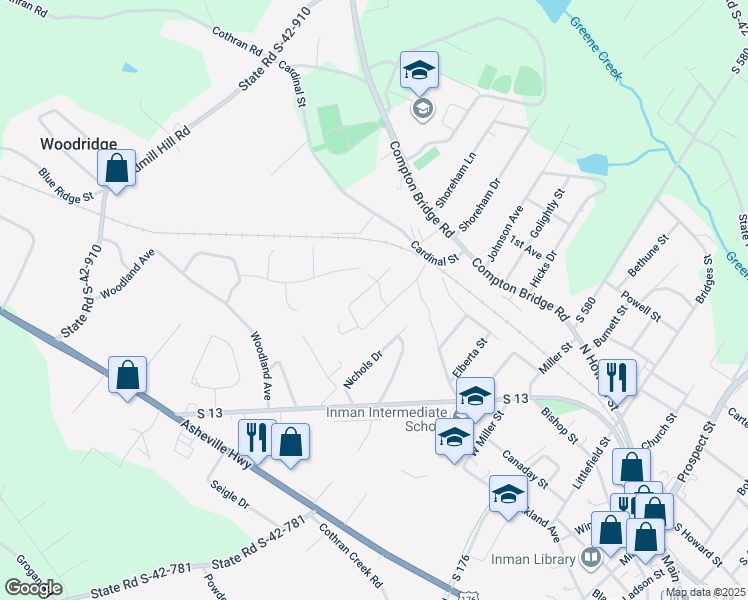 map of restaurants, bars, coffee shops, grocery stores, and more near 103 Laurel Drive in Inman