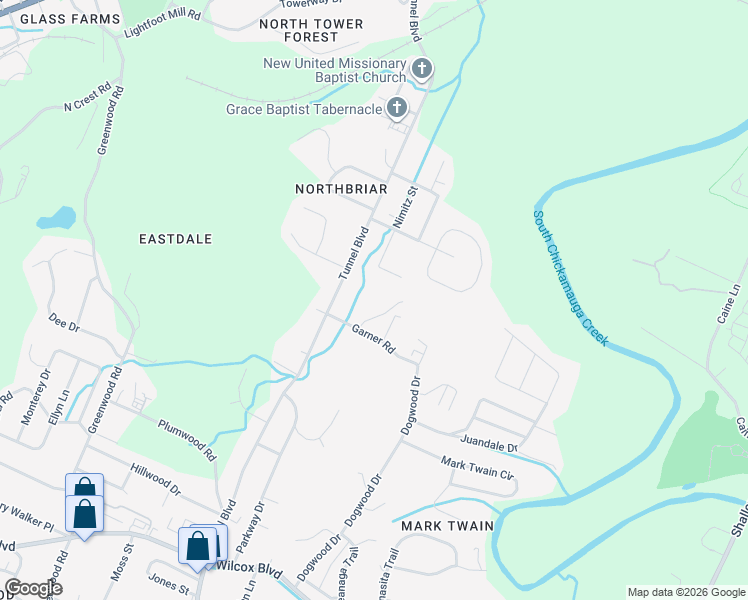 map of restaurants, bars, coffee shops, grocery stores, and more near 3525 Garner Road in Chattanooga