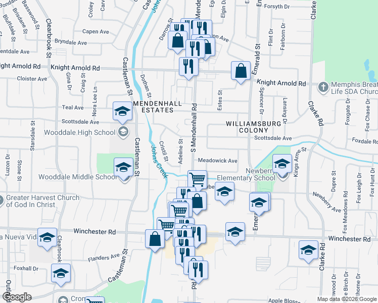 map of restaurants, bars, coffee shops, grocery stores, and more near 3381 South Mendenhall Road in Memphis
