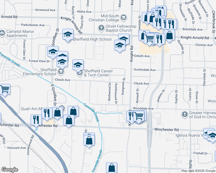 map of restaurants, bars, coffee shops, grocery stores, and more near 3373 Barbwood Drive in Memphis