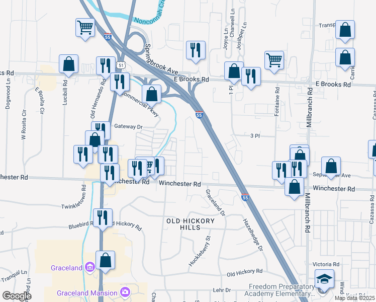 map of restaurants, bars, coffee shops, grocery stores, and more near 3375 West Winchester Place in Memphis