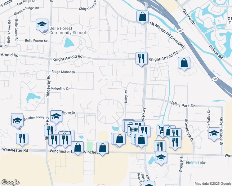 map of restaurants, bars, coffee shops, grocery stores, and more near 3393 Kirby Road in Memphis