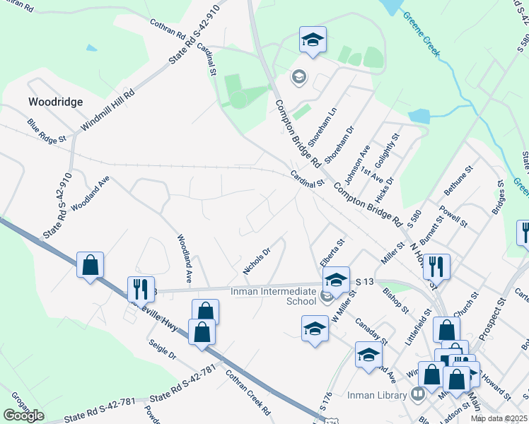 map of restaurants, bars, coffee shops, grocery stores, and more near 103 Laurel Drive in Inman