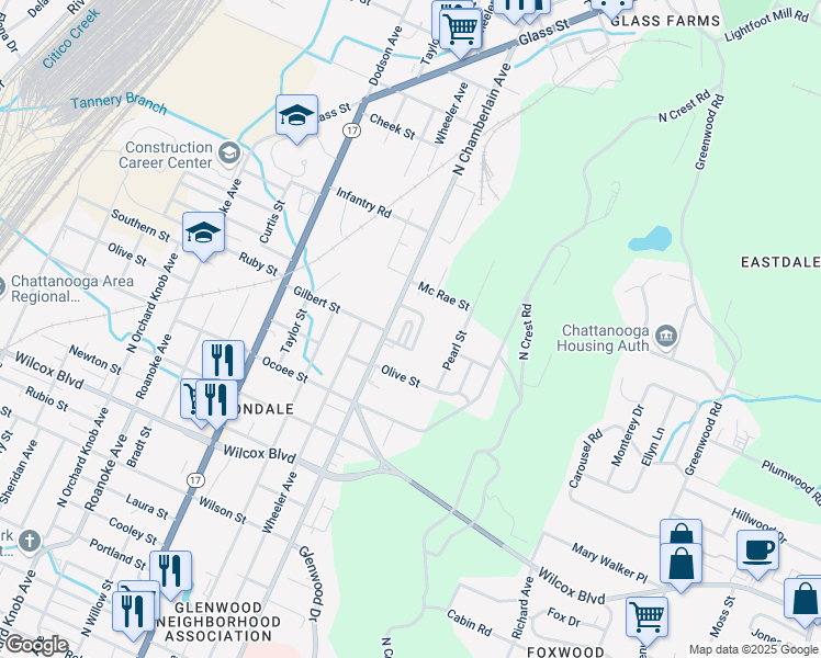 map of restaurants, bars, coffee shops, grocery stores, and more near 1961 Maple Hills Way in Chattanooga