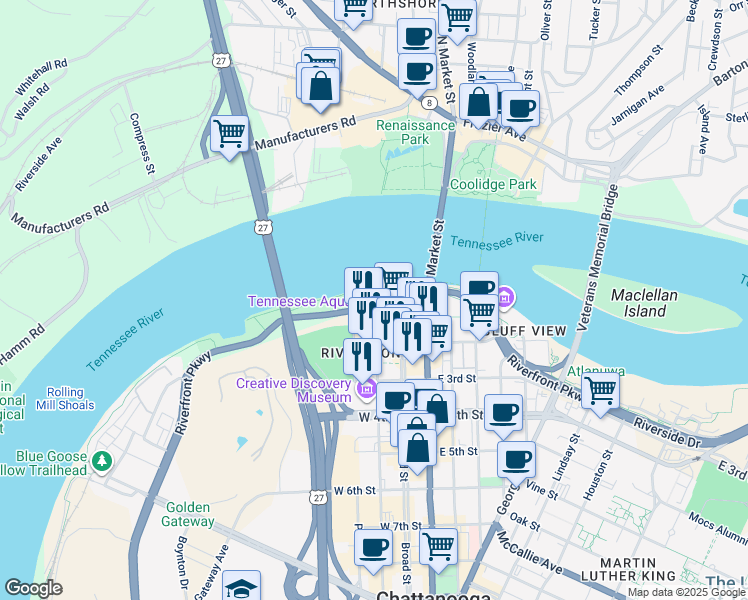 map of restaurants, bars, coffee shops, grocery stores, and more near 101 Riverfront Parkway in Chattanooga