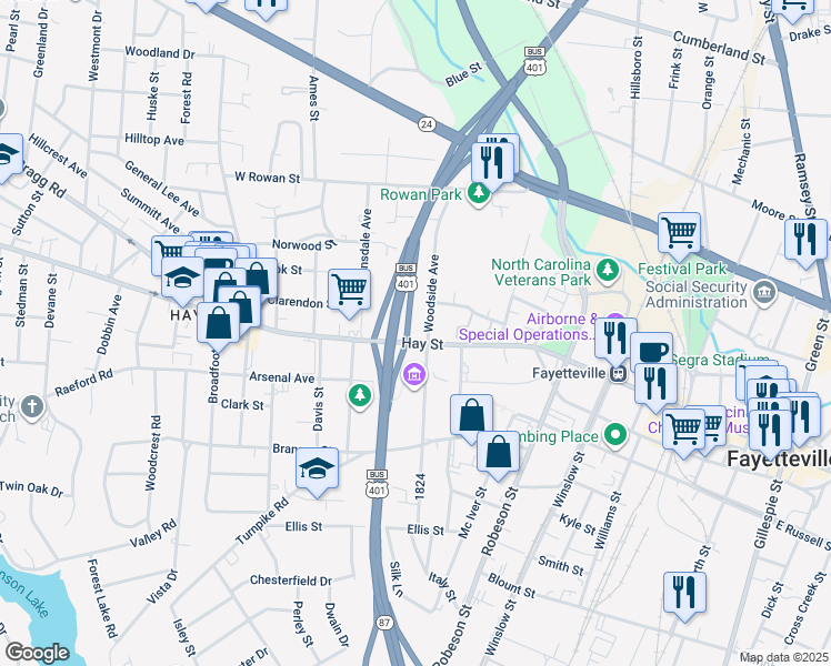 map of restaurants, bars, coffee shops, grocery stores, and more near 806 Hay Street in Fayetteville