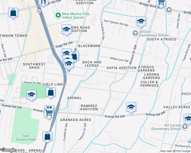 map of restaurants, bars, coffee shops, grocery stores, and more near 1506 Foothill Drive Southwest in Albuquerque