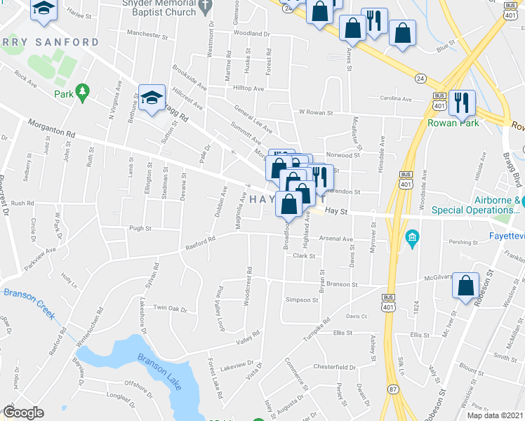 map of restaurants, bars, coffee shops, grocery stores, and more near 123 North Olive Road in Fayetteville