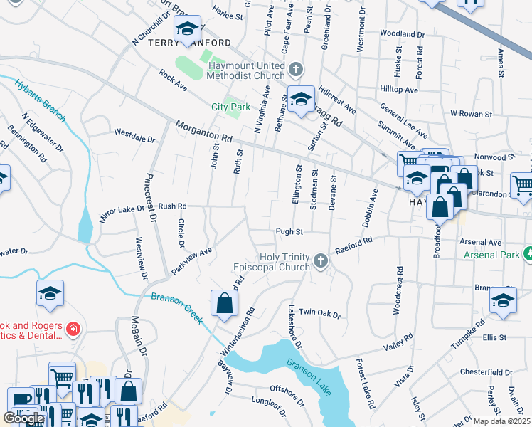 map of restaurants, bars, coffee shops, grocery stores, and more near 106 Walton Place in Fayetteville