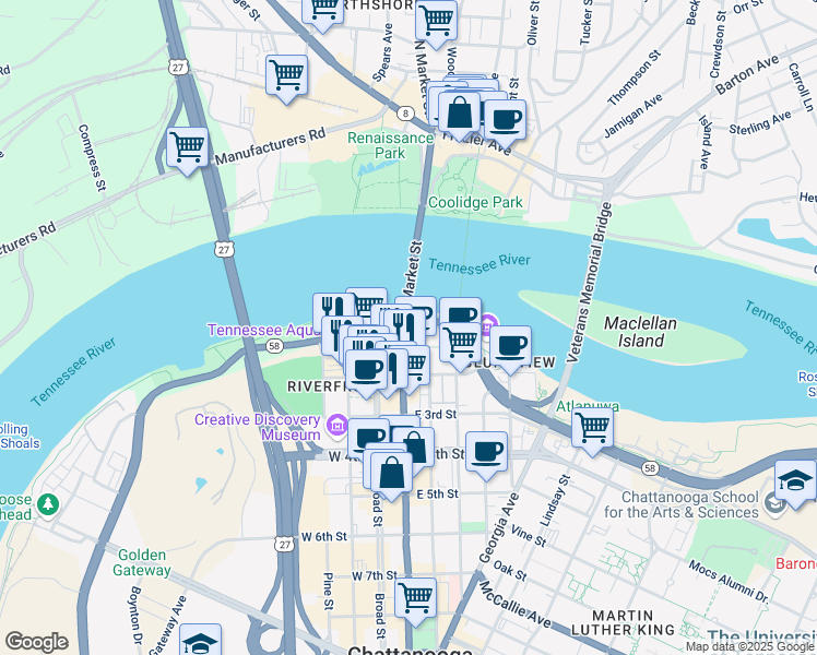 map of restaurants, bars, coffee shops, grocery stores, and more near 2 Market Street in Chattanooga