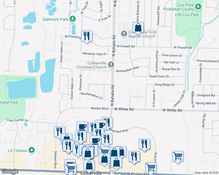 map of restaurants, bars, coffee shops, grocery stores, and more near 739 Polo Run Drive in Collierville