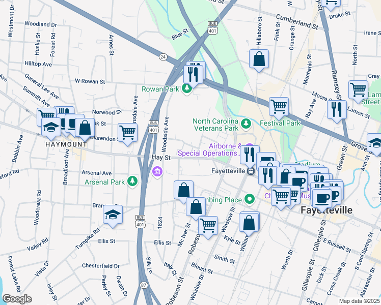 map of restaurants, bars, coffee shops, grocery stores, and more near 710 Marketview Court in Fayetteville