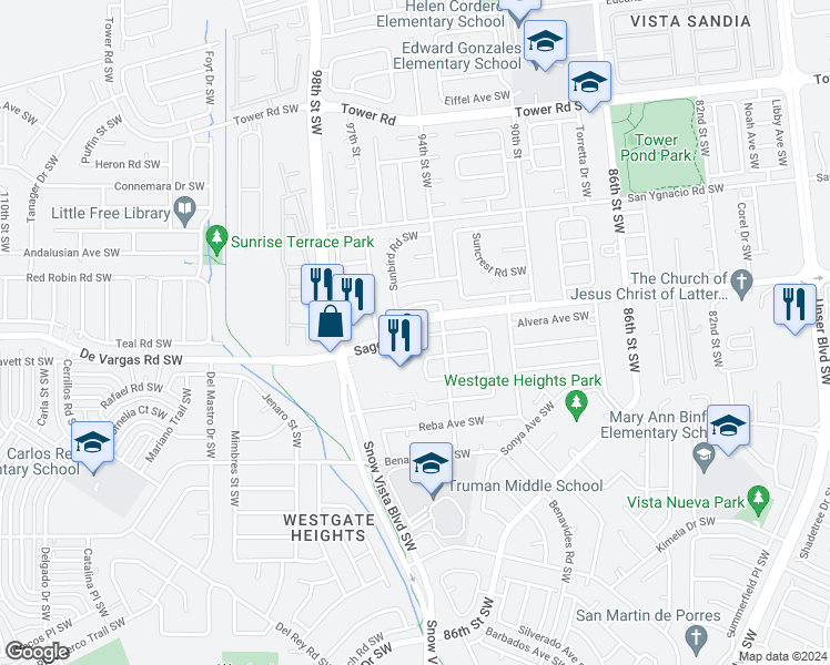 map of restaurants, bars, coffee shops, grocery stores, and more near 9427 Alvera Court Southwest in Albuquerque