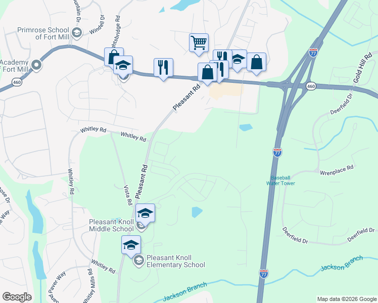 map of restaurants, bars, coffee shops, grocery stores, and more near Gates Mills Drive in Fort Mill