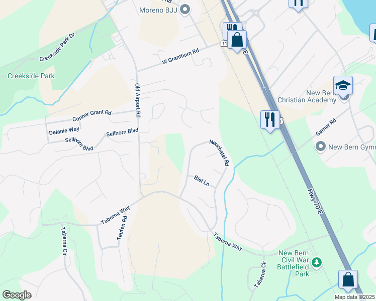 map of restaurants, bars, coffee shops, grocery stores, and more near 446 Neuchatel Road in New Bern