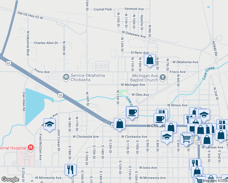 map of restaurants, bars, coffee shops, grocery stores, and more near 511 North 12th Street in Chickasha