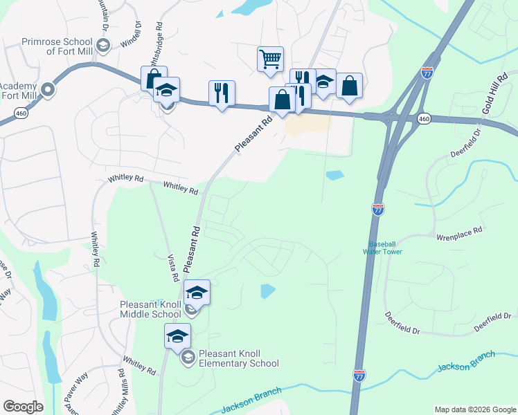 map of restaurants, bars, coffee shops, grocery stores, and more near Gates Mills Drive in Fort Mill