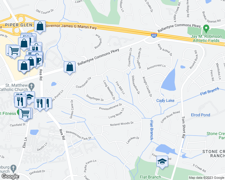 map of restaurants, bars, coffee shops, grocery stores, and more near 6924 Long Needles Drive in Charlotte