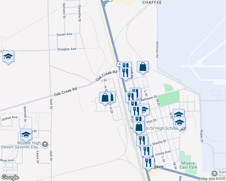 map of restaurants, bars, coffee shops, grocery stores, and more near 16235 I Street in Mojave