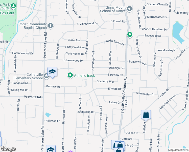 map of restaurants, bars, coffee shops, grocery stores, and more near 279 Taraview Road in Collierville
