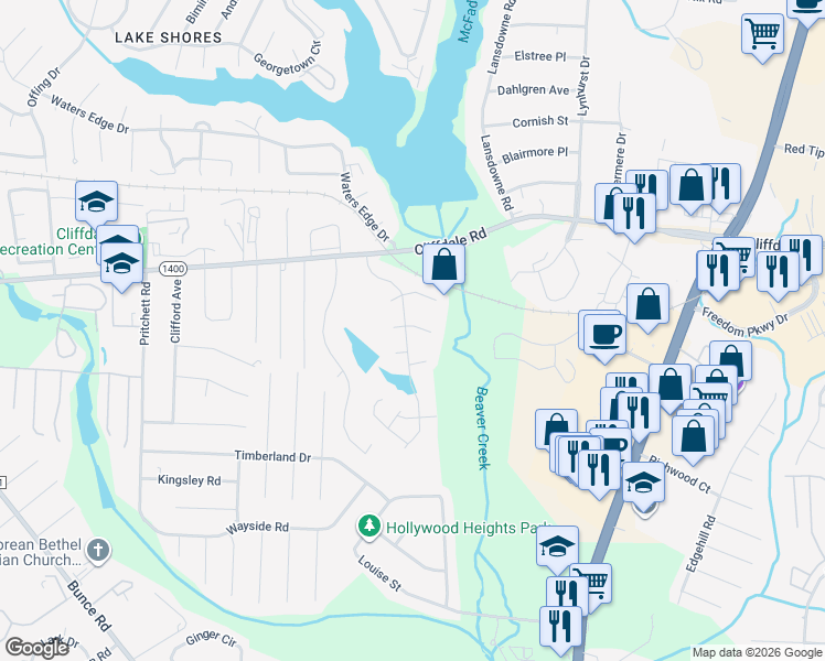 map of restaurants, bars, coffee shops, grocery stores, and more near 6781 Bavaria Place in Fayetteville