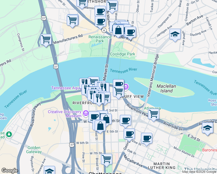 map of restaurants, bars, coffee shops, grocery stores, and more near 2 Market Street in Chattanooga