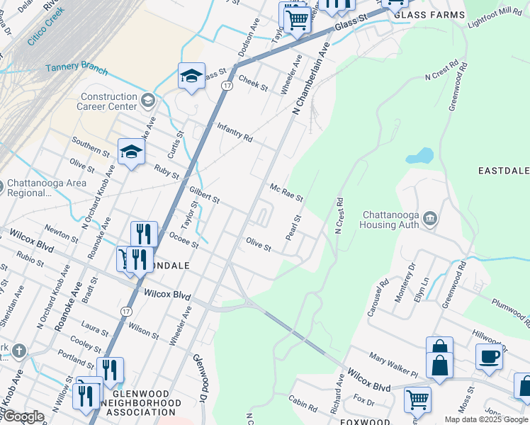map of restaurants, bars, coffee shops, grocery stores, and more near 1957 Maple Hills Way in Chattanooga
