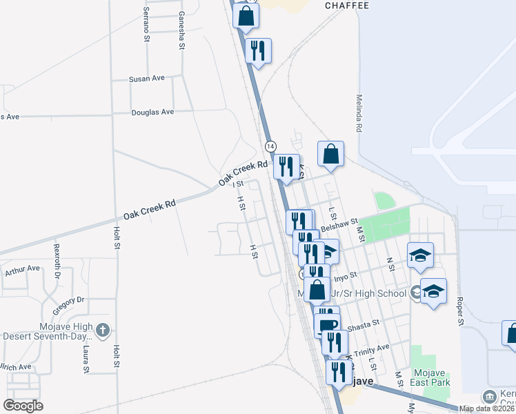 map of restaurants, bars, coffee shops, grocery stores, and more near 16235 I Street in Mojave
