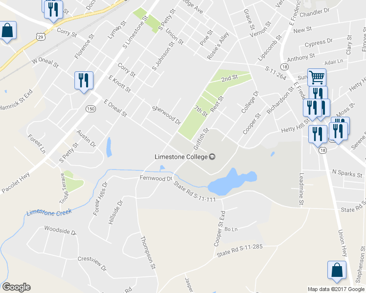 map of restaurants, bars, coffee shops, grocery stores, and more near 609 E Oneal St in Gaffney