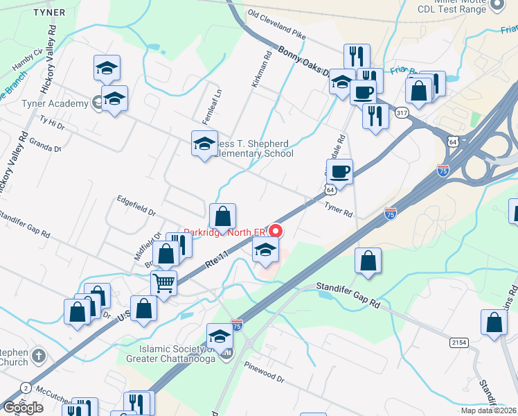 map of restaurants, bars, coffee shops, grocery stores, and more near 7363 Lee Highway in Chattanooga