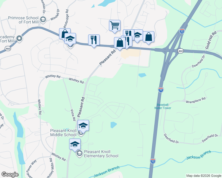map of restaurants, bars, coffee shops, grocery stores, and more near Gates Mills Drive in Fort Mill