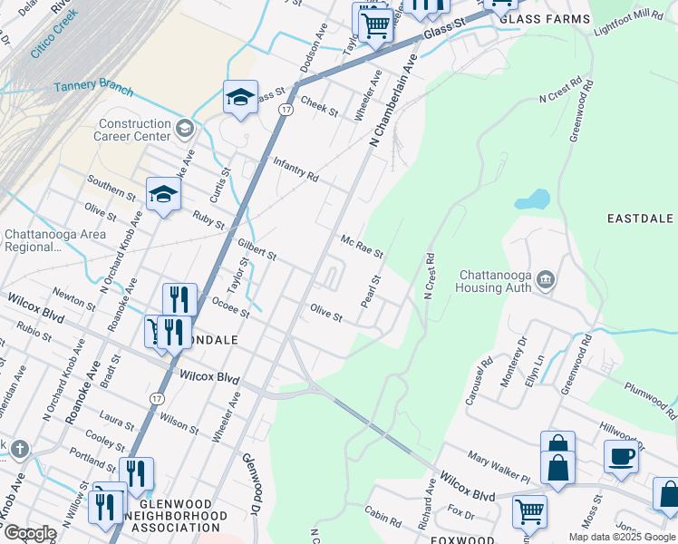 map of restaurants, bars, coffee shops, grocery stores, and more near 1957 Maple Hills Way in Chattanooga