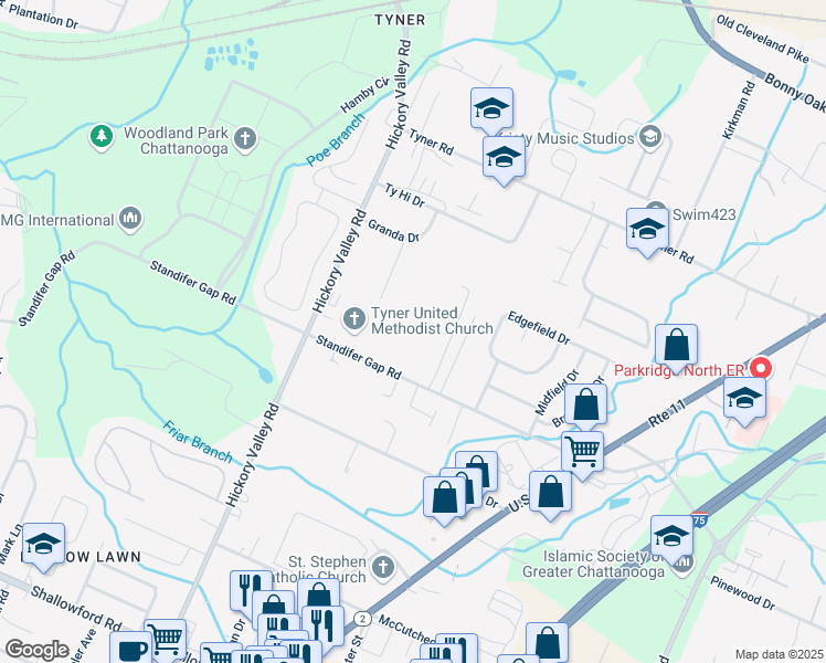 map of restaurants, bars, coffee shops, grocery stores, and more near 6845 Standifer Gap Road in Chattanooga