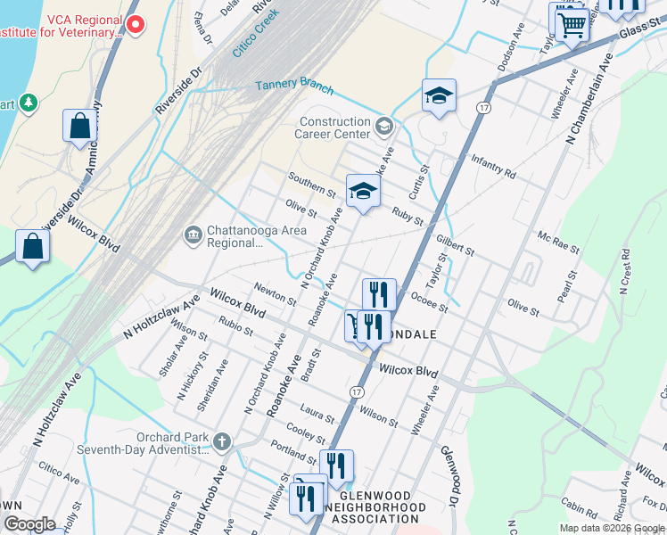 map of restaurants, bars, coffee shops, grocery stores, and more near 1614 North Orchard Knob Avenue in Chattanooga
