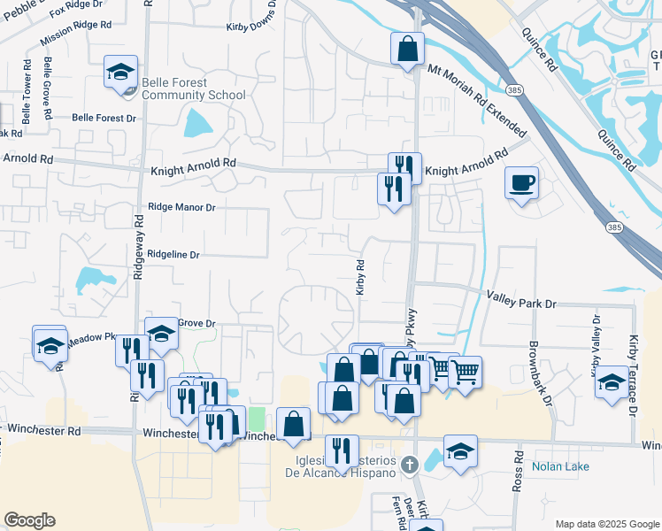 map of restaurants, bars, coffee shops, grocery stores, and more near 3393 Kirby Road in Memphis