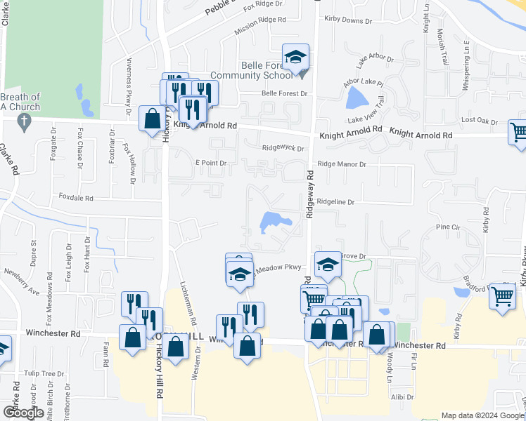 map of restaurants, bars, coffee shops, grocery stores, and more near 3417 Ridgeway Road in Memphis