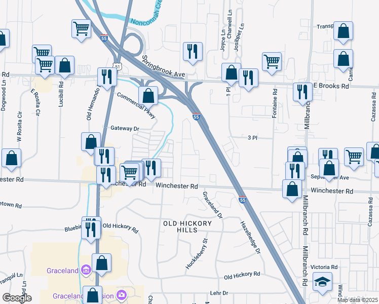 map of restaurants, bars, coffee shops, grocery stores, and more near 3375 West Winchester Place in Memphis