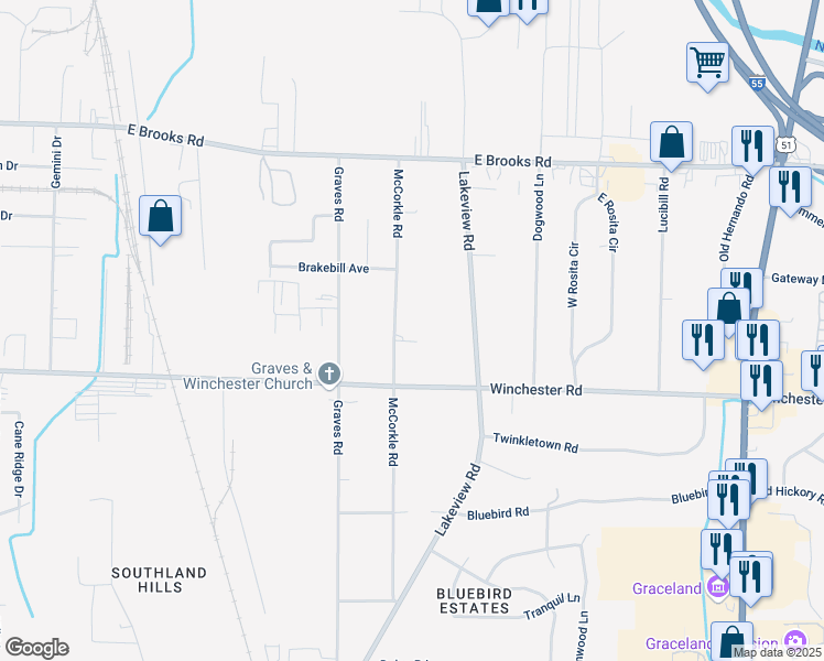 map of restaurants, bars, coffee shops, grocery stores, and more near 3370 McCorkle Road in Memphis