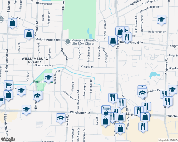 map of restaurants, bars, coffee shops, grocery stores, and more near 5768 Scottsdale Avenue in Memphis