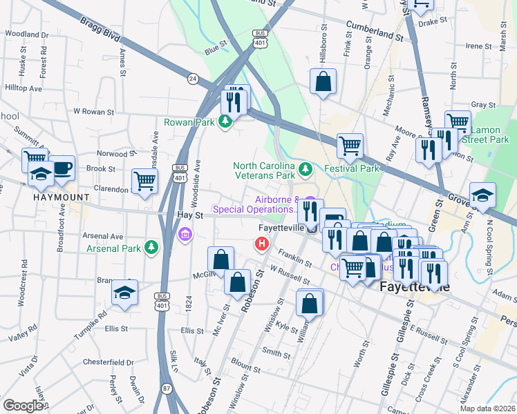 map of restaurants, bars, coffee shops, grocery stores, and more near 107 Hale Street in Fayetteville