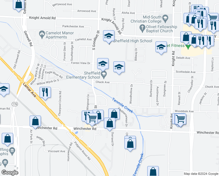 map of restaurants, bars, coffee shops, grocery stores, and more near 3383 Sunnyfield Cove in Memphis