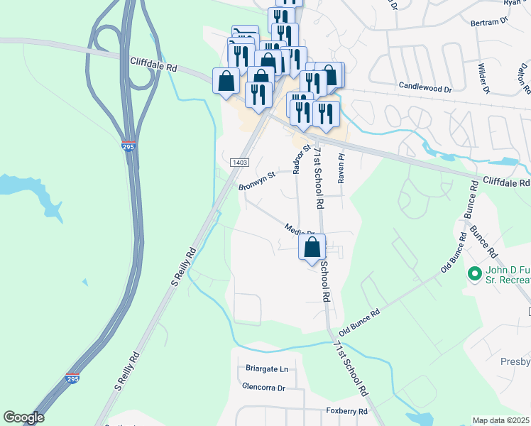 map of restaurants, bars, coffee shops, grocery stores, and more near 7035 Media Drive in Fayetteville