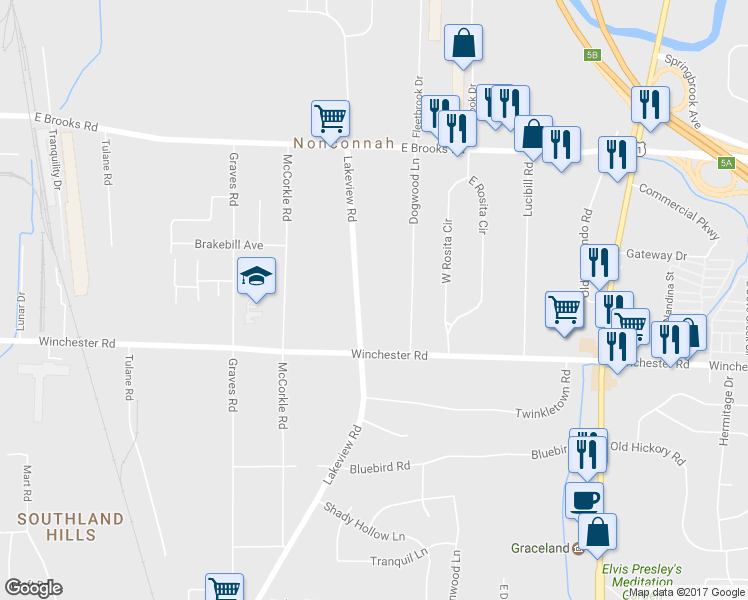 map of restaurants, bars, coffee shops, grocery stores, and more near 3380 Lakeview Road in Memphis