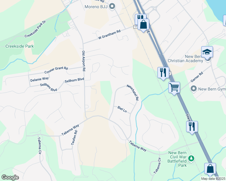 map of restaurants, bars, coffee shops, grocery stores, and more near 446 Neuchatel Road in New Bern